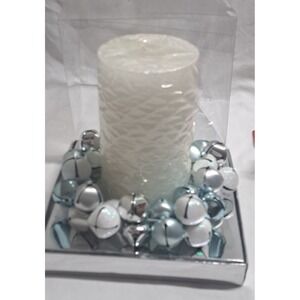Holiday Candle Holder Set Blue Silver Bells Tray Home Accents Decor NIB